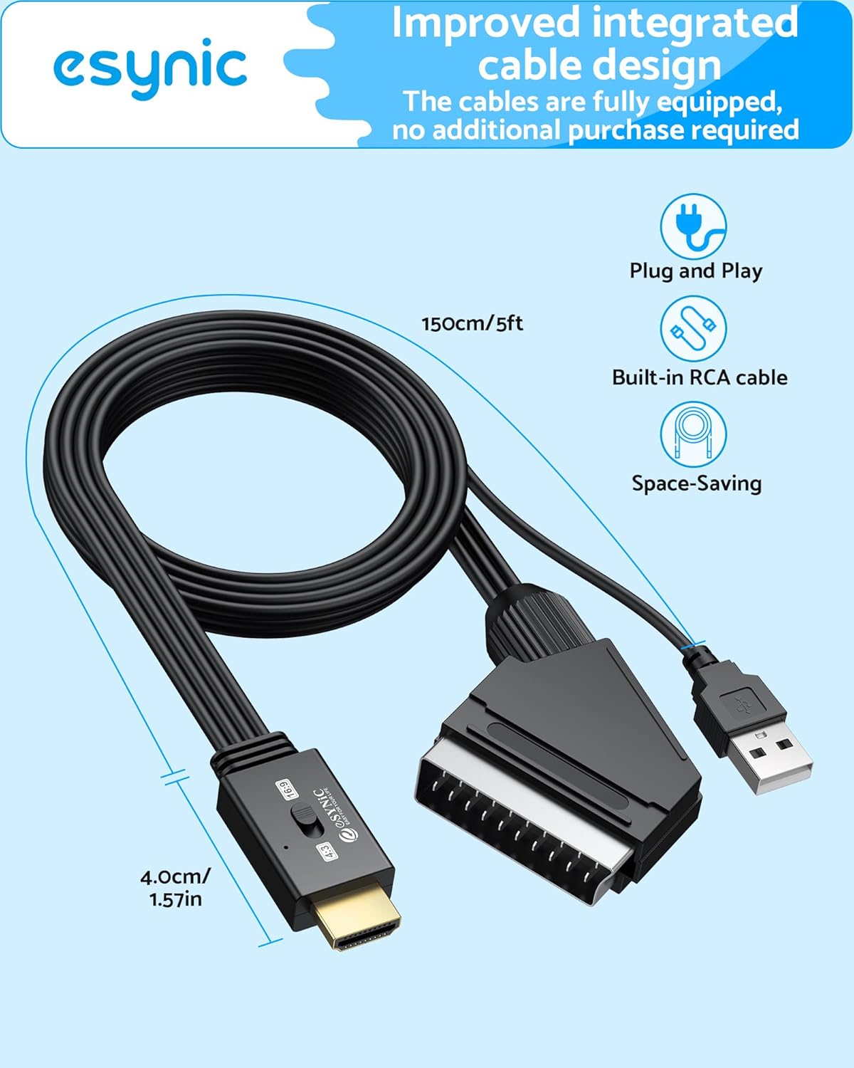 Thumbnail 4 de eSynic Upgraded SCART to HDMI 1080P Converter with 4:3/16:9 Aspect Switch (Gold SCART adapter)