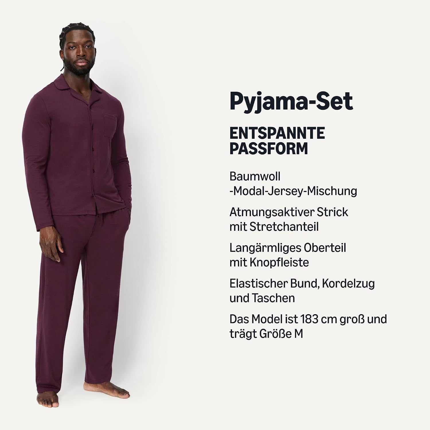 Detalle 2 de Amazon Essentials Herren Pyjama-Set aus Baumwoll-Modal – Langärmliges Oberteil mit Knopfleiste und Hose