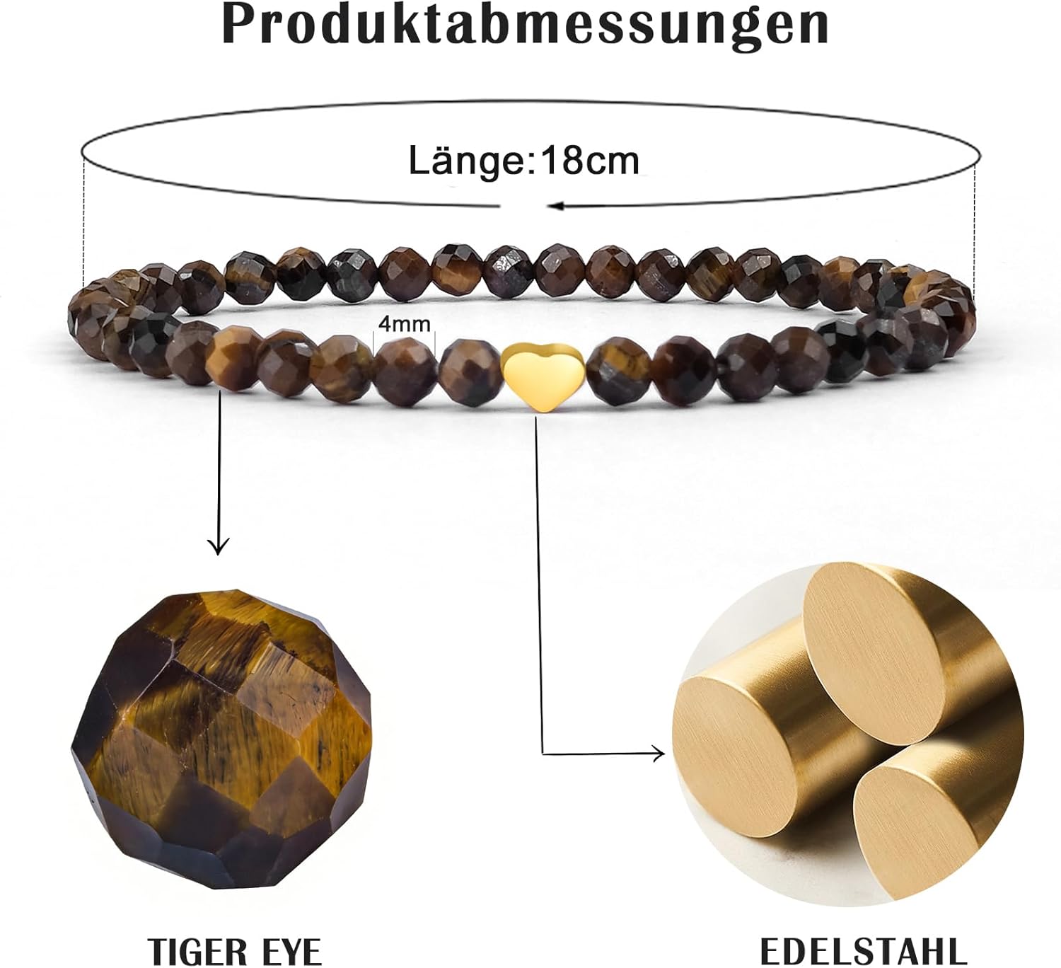 Thumbnail 3 de Ruby Edelstein-Armband für Damen – Tiger Eye, 4 mm Perlen, 18K vergoldetes Edelstahlherz, elastisch, Geschenkbox aus Holz
