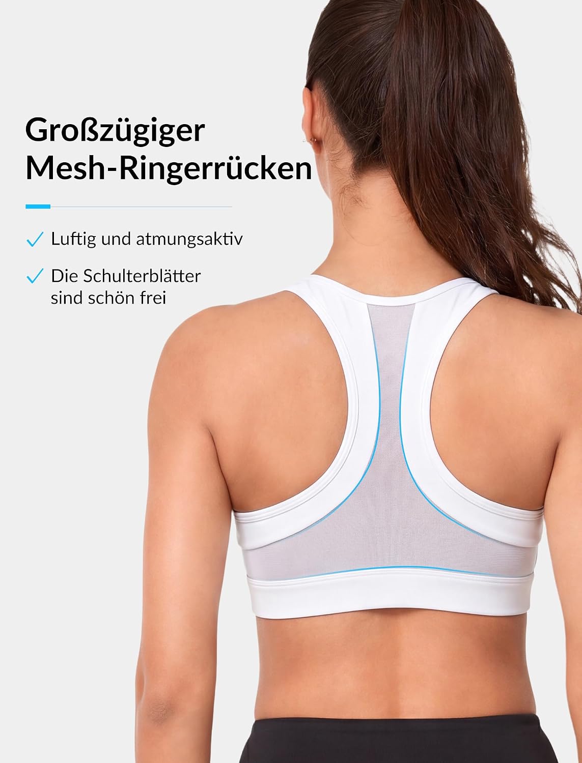 Detalle de Yvette Sport BH Starker Halt mit Front-Reißverschluss – Große Größe, Mesh-Rücken