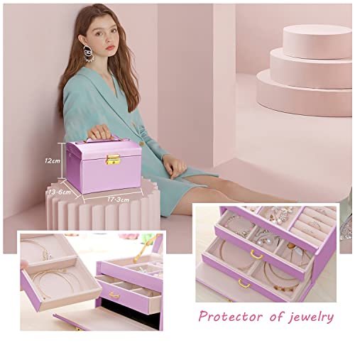 Detalle de Podazz Caja Joyero de 3 Niveles con Espejo y Cerradura – Morado