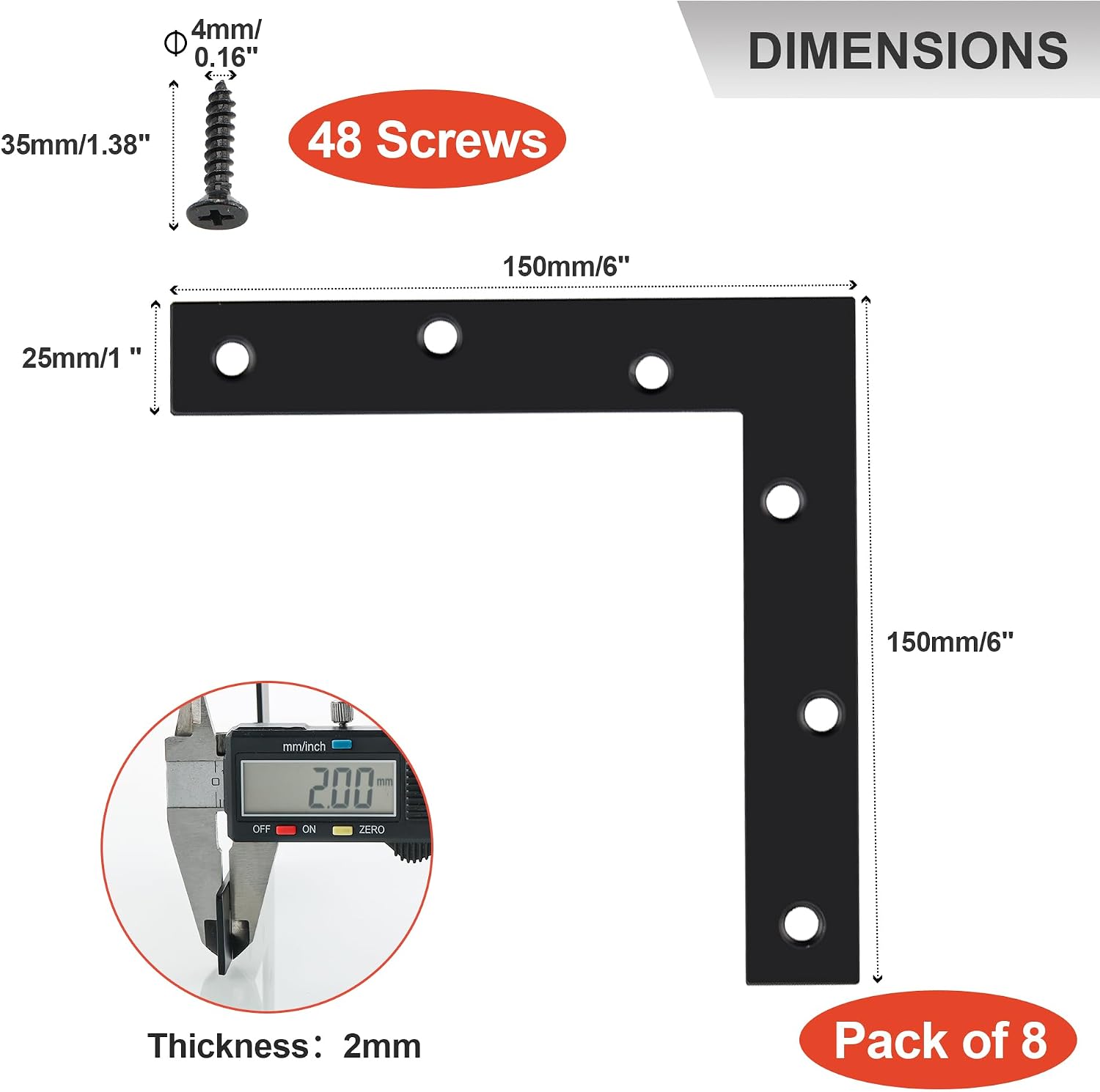 Detalle de SAYAYO Flat L Shape Repair Mending Plate Joint Bracket 150mm x 150mm – Stainless Steel, Matte Black, 8 Pack