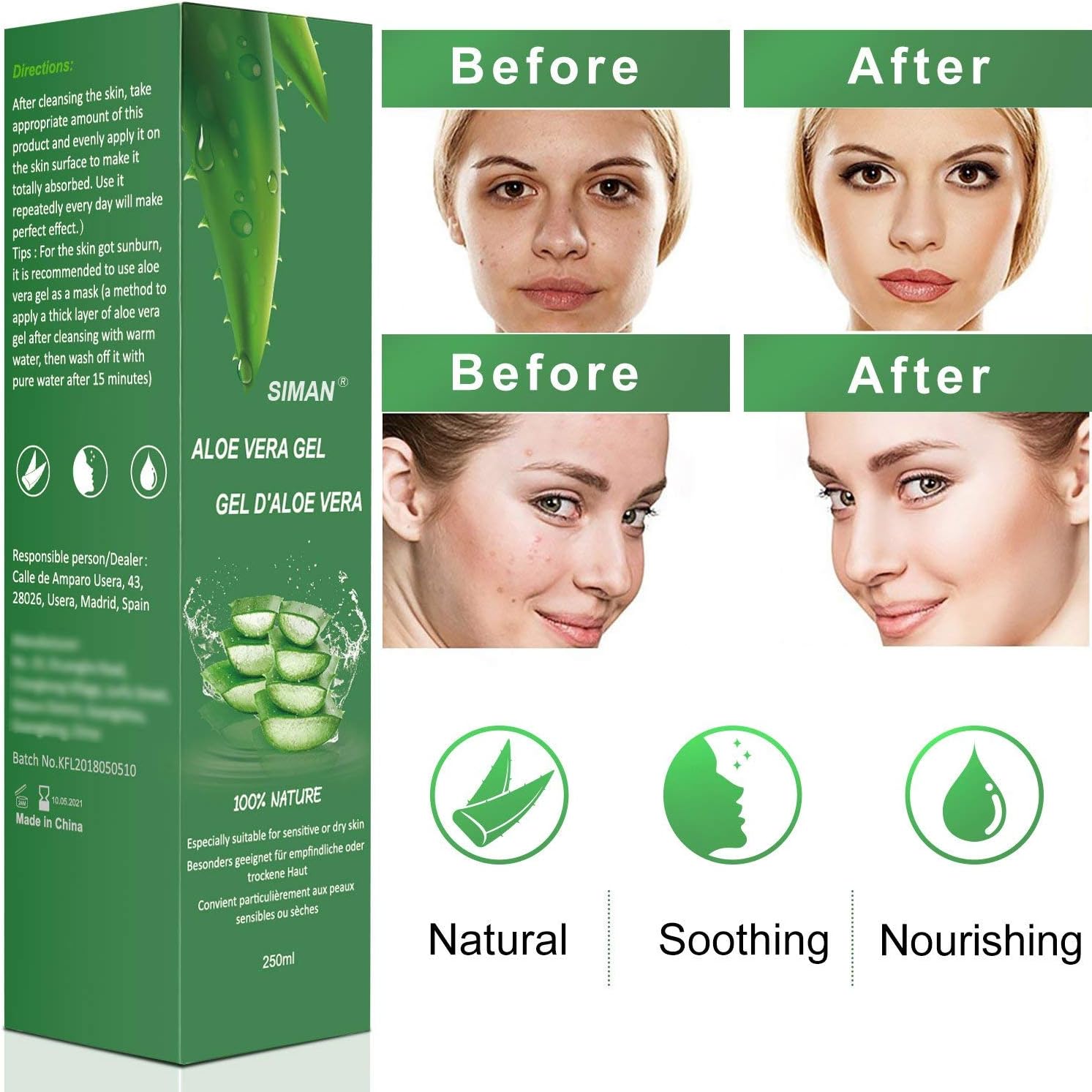 Thumbnail 1 de Aloe Vera Gel 100% Pur von Aloe Vera – naturreines Gel für Gesicht, Haare & Körper, beruhigend & pflegend, 250 ml