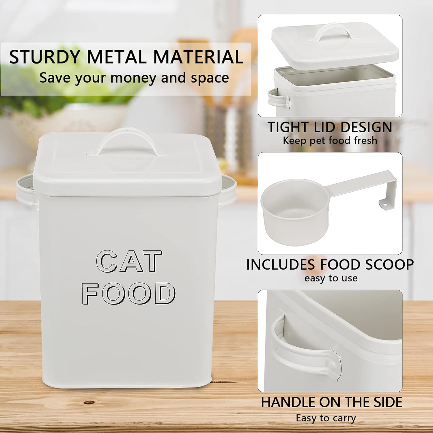 Detalle 2 de Farmhouse cat food storage tin with lid & scoop (5 lb capacity) – vintage-style steel canister for dry food
