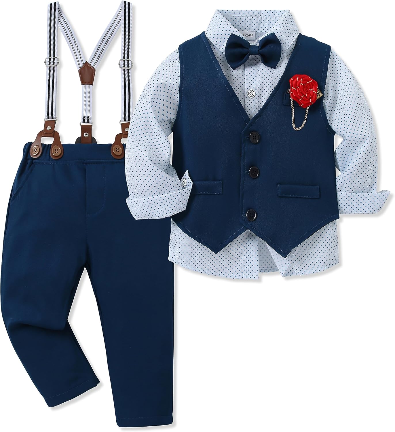 Thumbnail 6 de WESIDOM 6-Piece Toddler Formal Suit Set: Dress Shirt, Bow Tie, Vest, Suspenders, Boutonniere & Pants