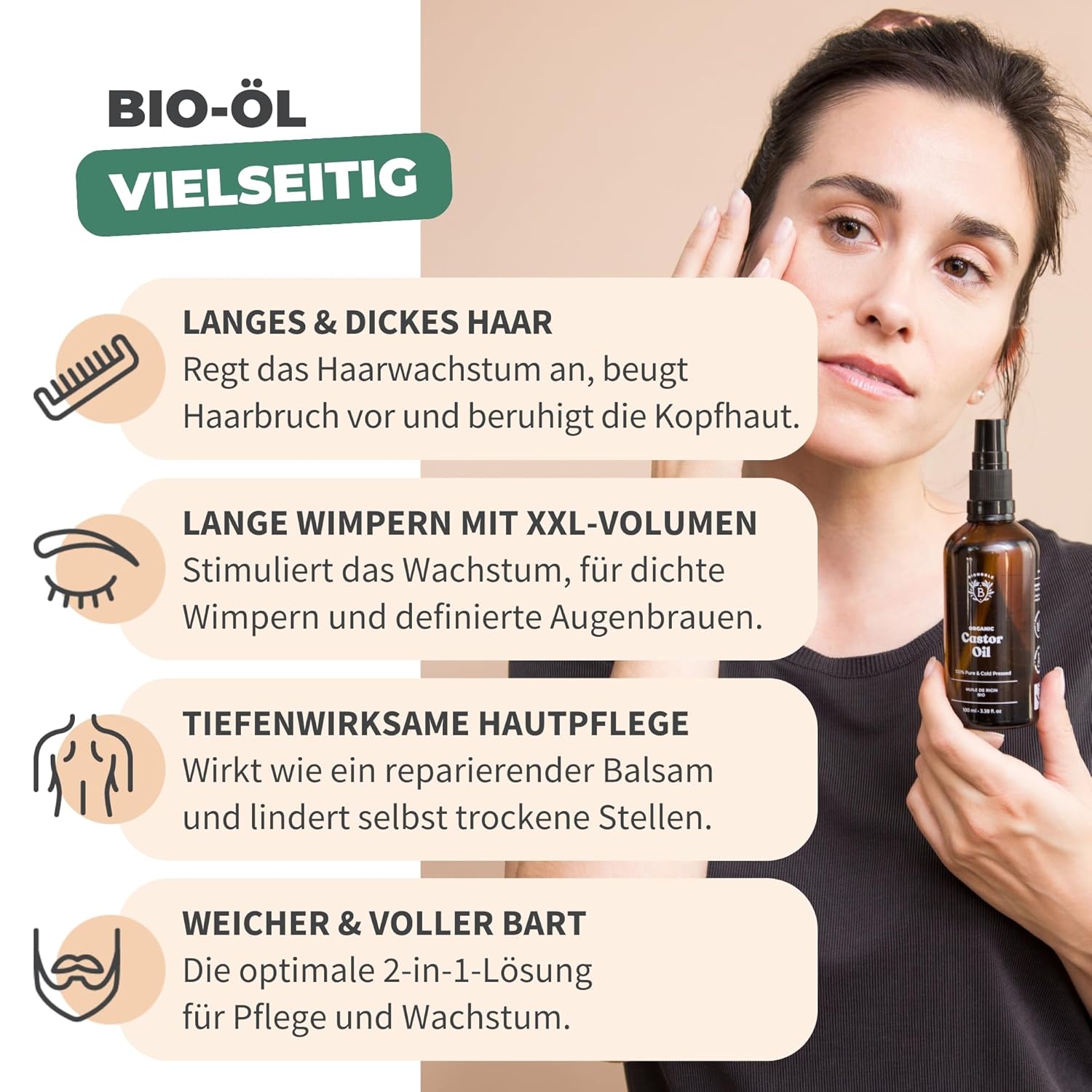 Thumbnail 2 de BIONOBLE Bio Rizinusöl kaltgepresst – 200 ml mit Pumpe, vielseitig einsetzbar für Haare, Wimpern, Augenbrauen, Nägel und Haut