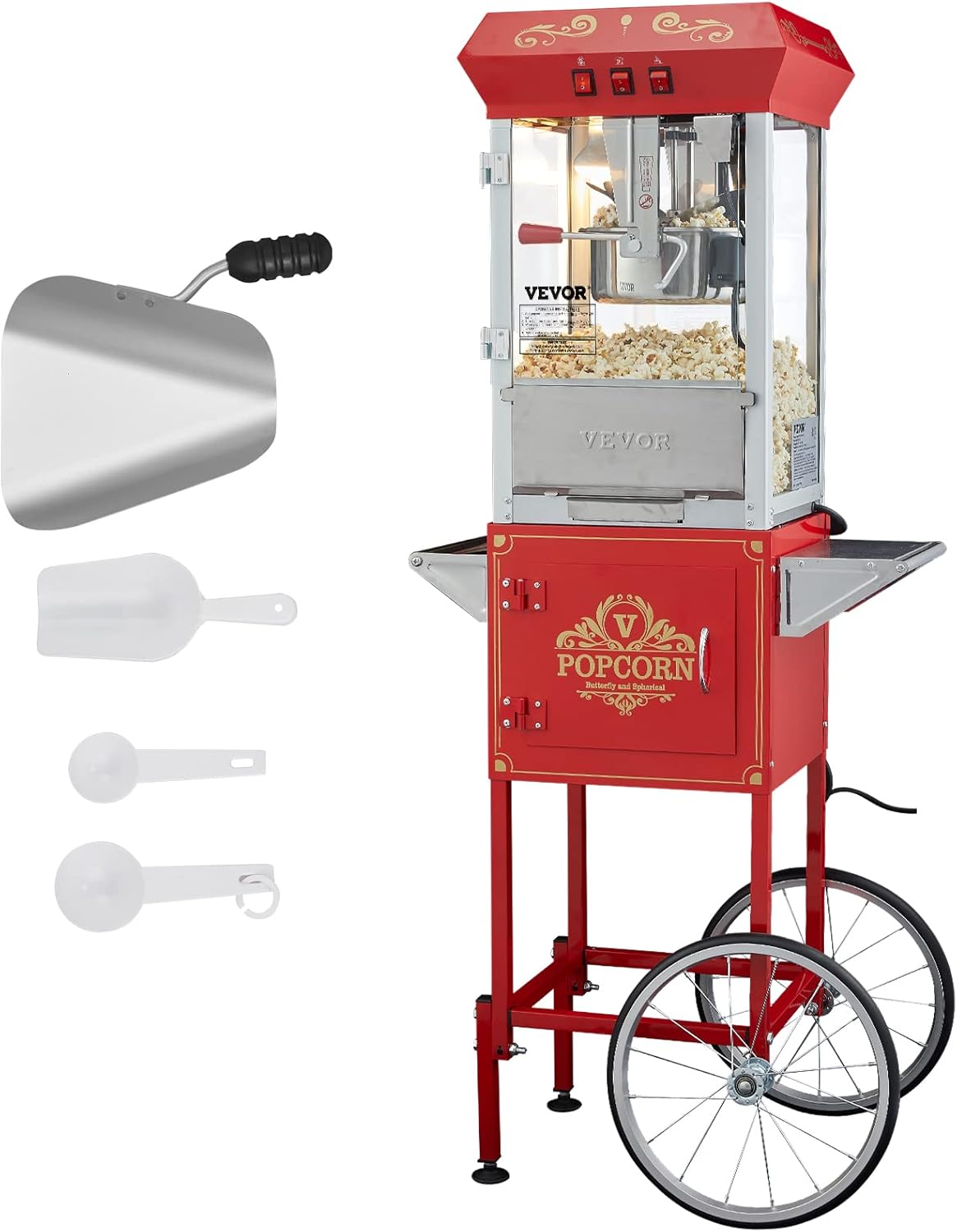 Detalle de VEVOR Machine à Pop Corn avec Chariot – Électrique 850 W, Grand Bol 227 g, 48 Tasses, Verre Trempé, ROUGE