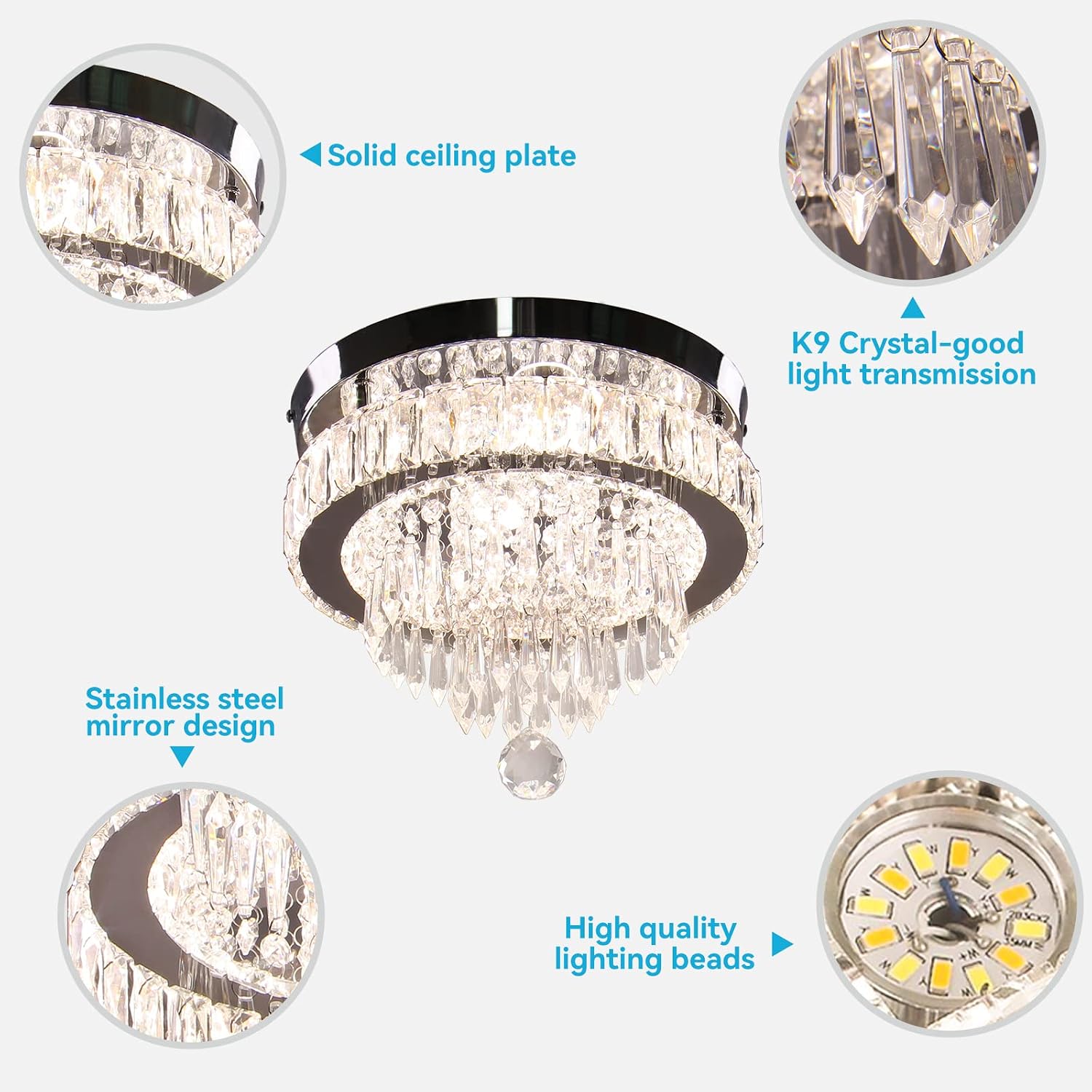 Detalle 2 de Finktonglan CL300-V 11.8-Inch Crystal LED Flush-Mount Ceiling Light with Remote
