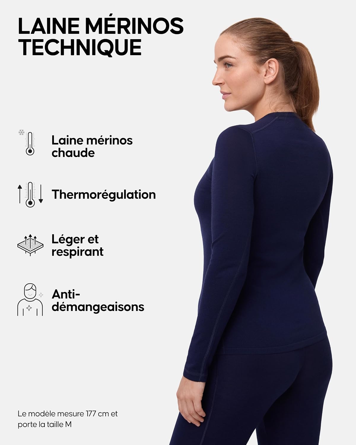 Detalle de DANISH ENDURANCE Haut thermique en laine mérinos pour femme (couche de base hiver)