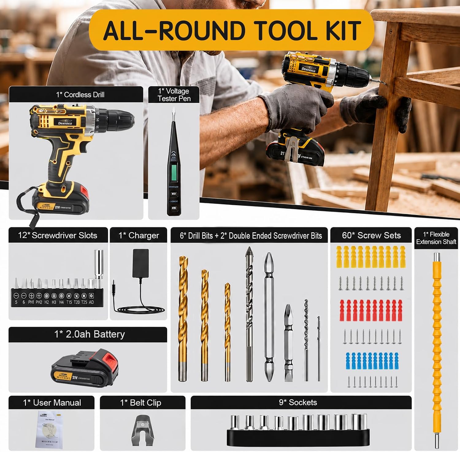 Thumbnail 6 de Dexnoca 21V Cordless Drill Kit with 92 Pieces: Power, Precision and Convenience