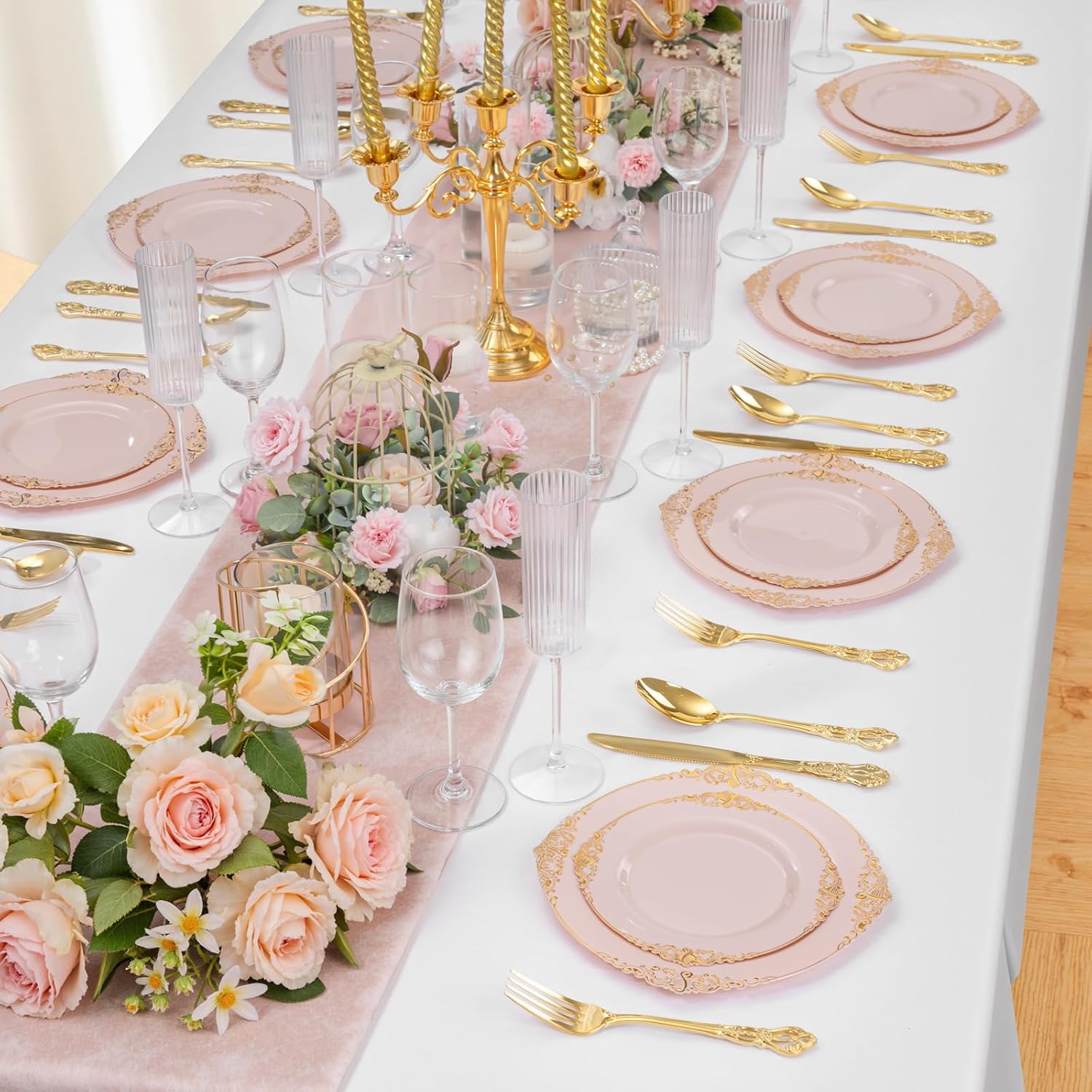 Detalle de Joyido 200PCS Pink and Gold Disposable Plates Set for Weddings, Bridal Showers, and More