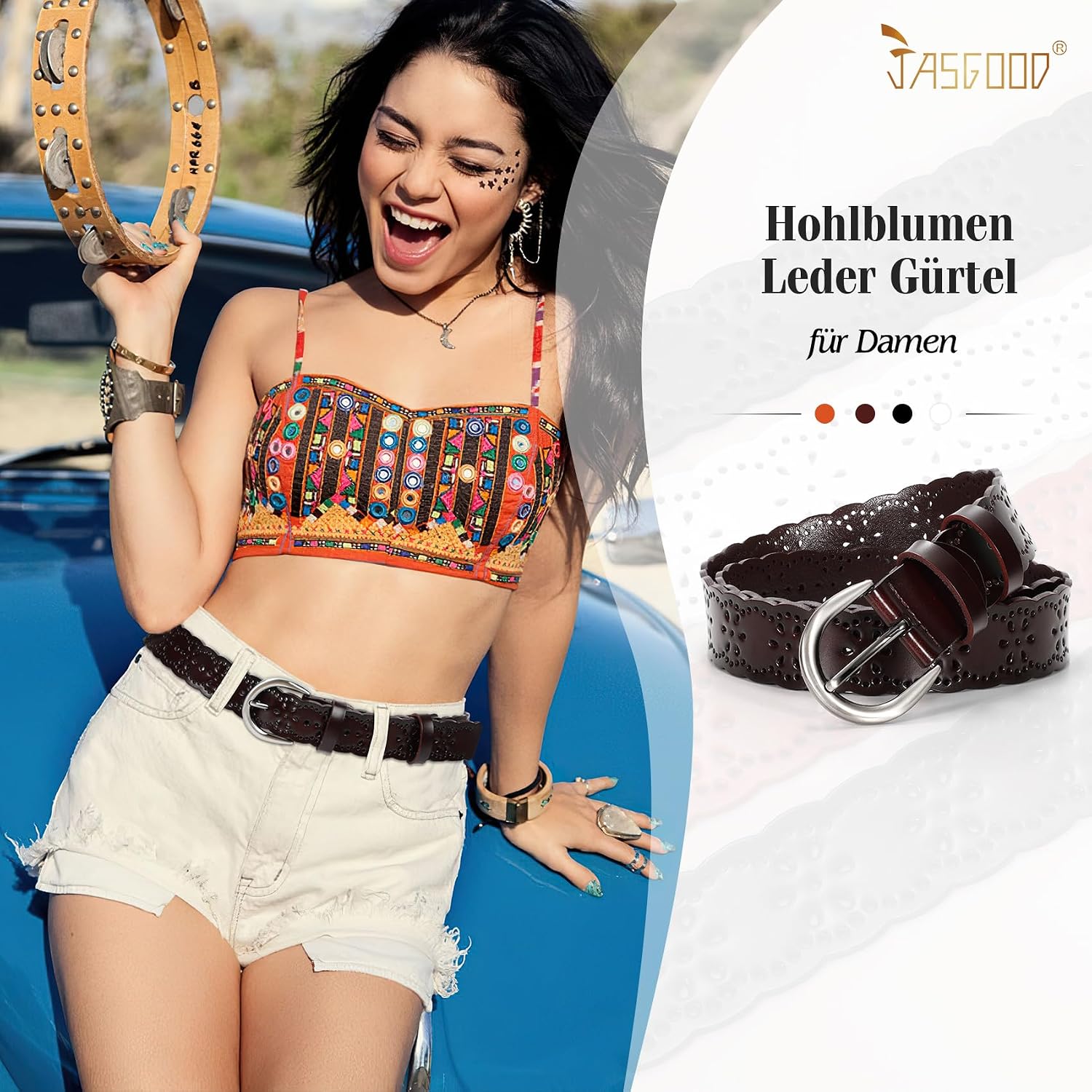 Detalle de JasGood Damen Ledergürtel mit hohlem Blumendesign – Dornschließe, 5 Größen, 4 Farben