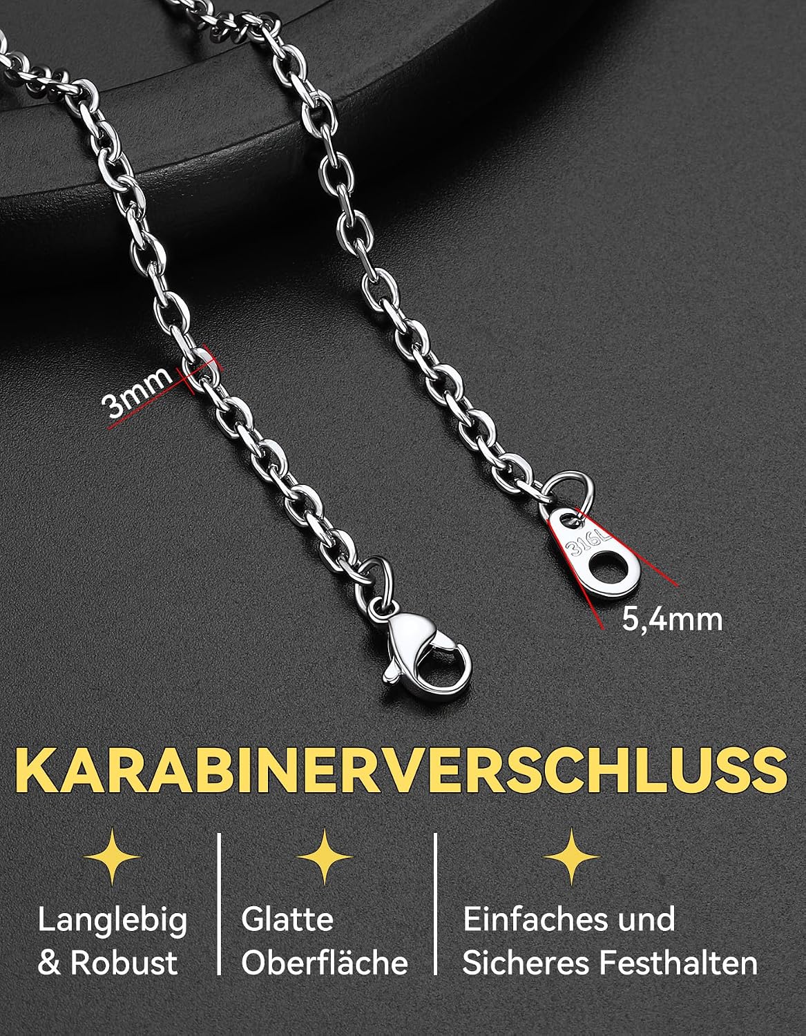 Detalle de ChainsHouse Rolokette Edelstahl – 3/5/7/9/12 mm breit, 46–76 cm, O-Kette/Ankerkette