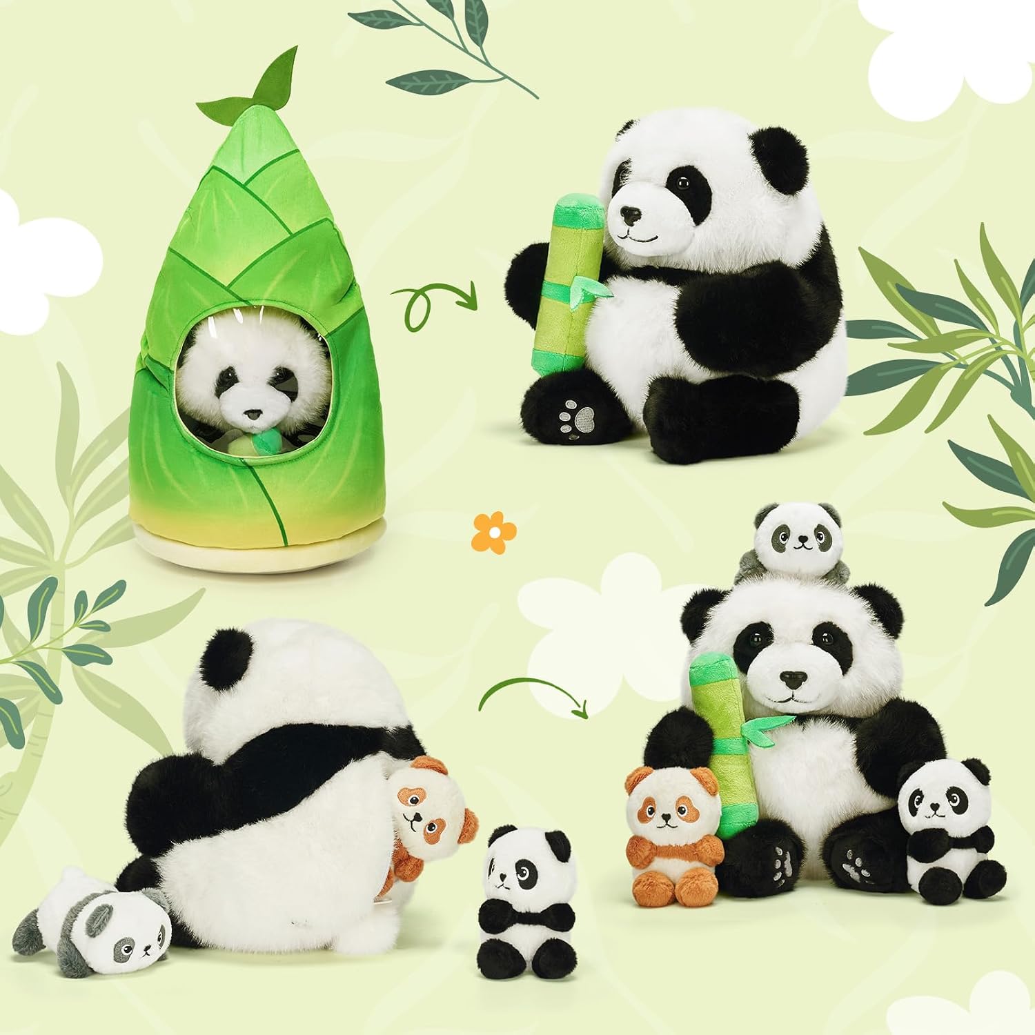 Thumbnail 3 de OUOZZZ 30cm Panda Plush Mama with 3 Baby Pals and Built-in Hideaway Pocket