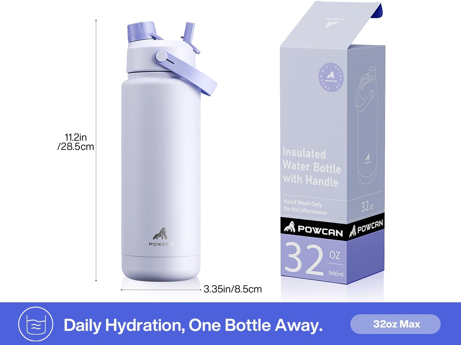 Thumbnail 5 de POWCAN iwbc-32oz1p-BF-PPM Insulated Water Bottle, 2-in-1 Lid, 946 ml