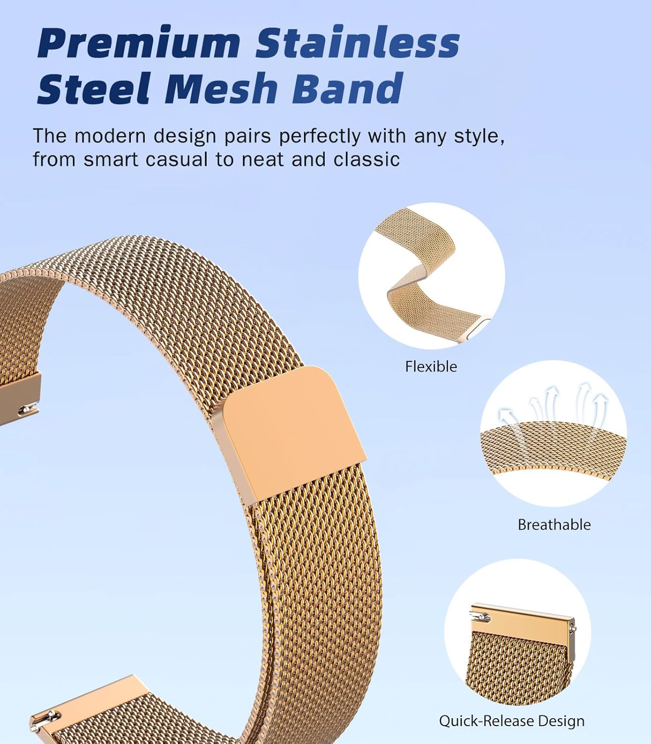 Detalle de Astorgos Stainless Steel Mesh Watch Band for Garmin (18/20/22mm) – Quick Release