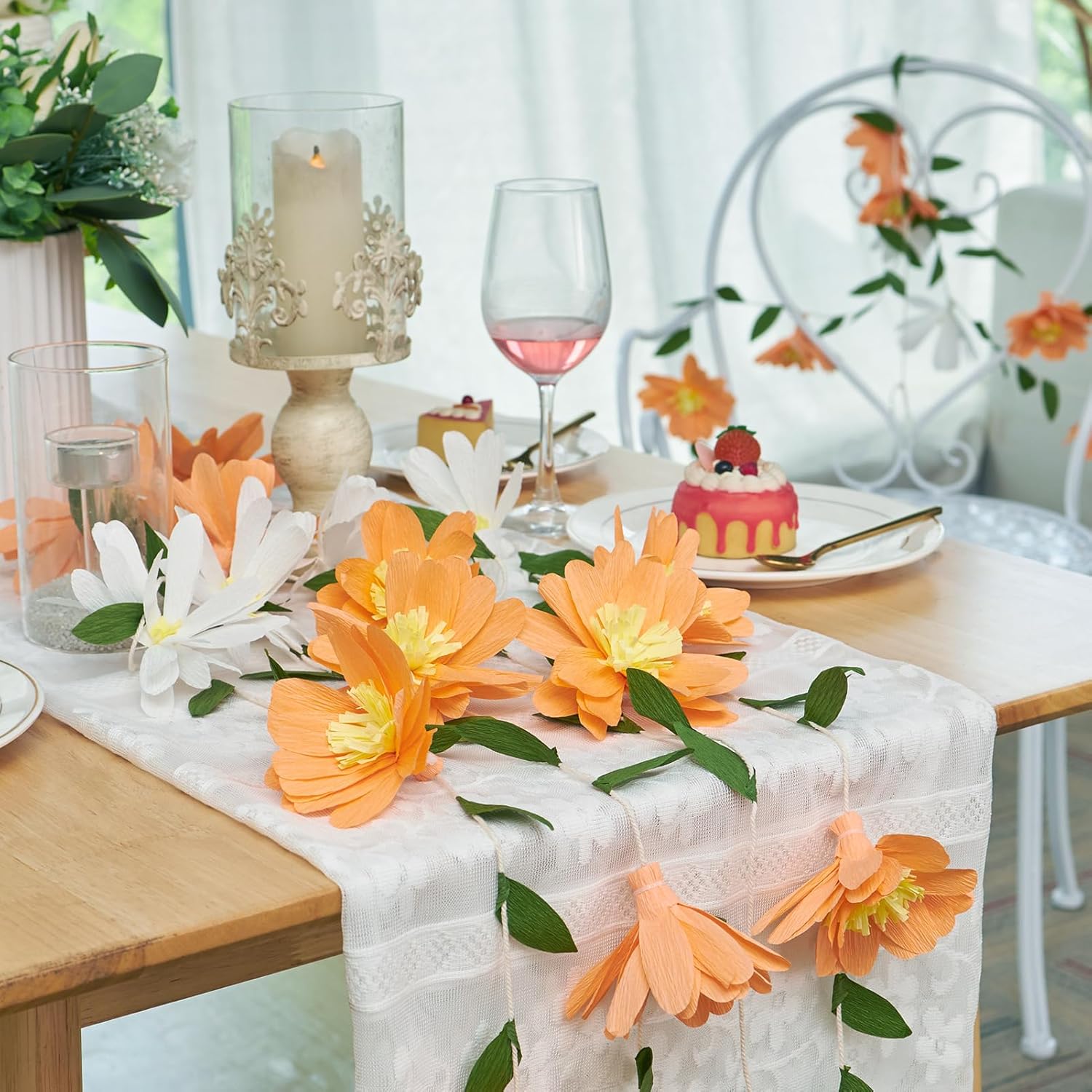 Thumbnail 3 de Easy Joy Paper Flower Garland 8.2ft - Spring Orange & White Floral Banner with Green Leaves