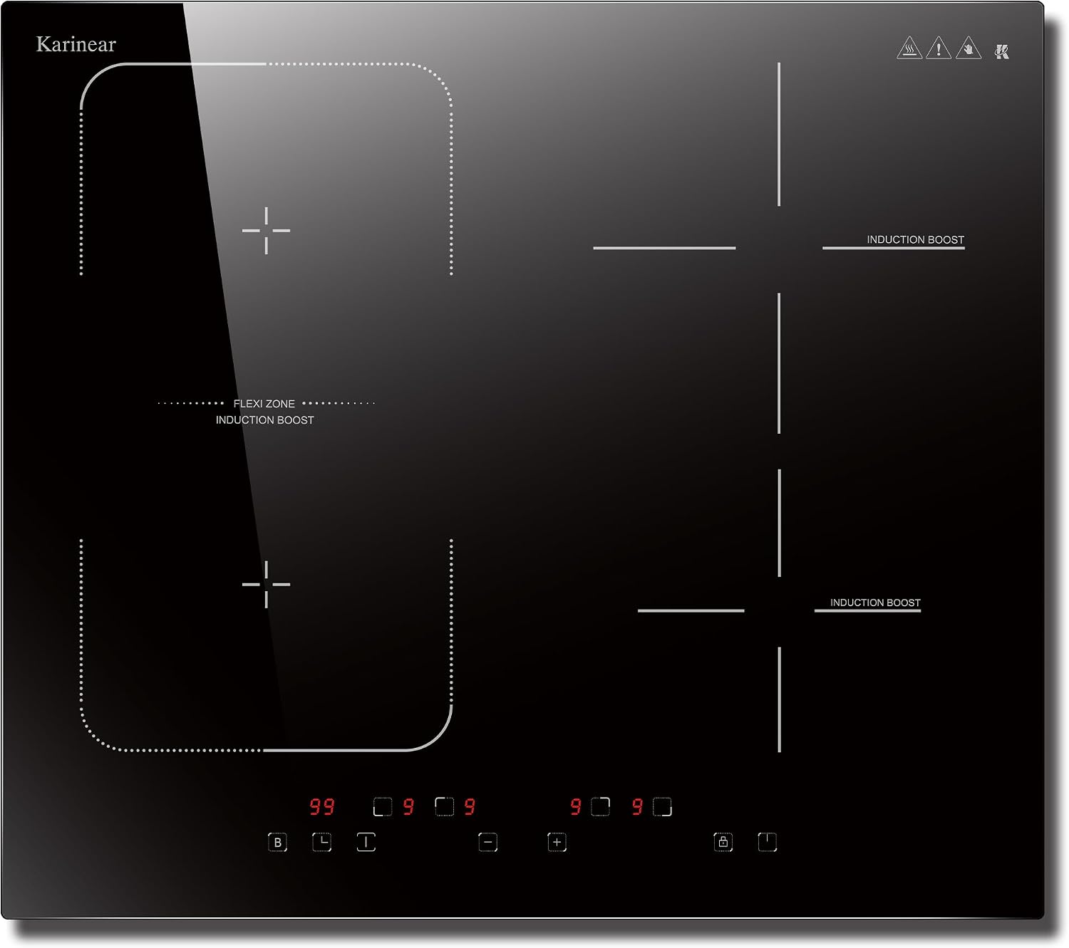 Detalle de Karinear Induktionskochfeld 60 cm 7200W mit Flexzone – 4 Platten, Touchscreen & Sicherheit