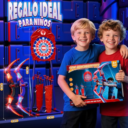 Thumbnail 6 de Kidluna set de arco y flechas con luces LED rojas y azules para niños (2 arcos, 2 carcaj y diana telaraña)