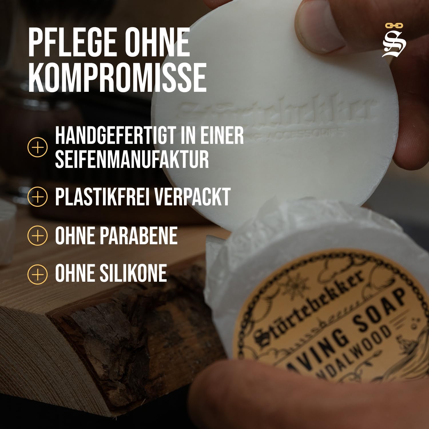 Detalle de Störtebekker Premium Rasierseife Sandelholz 70 g – Handgefertigte, vegane Rasierseife für kräftigen, sanften Rasierschaum