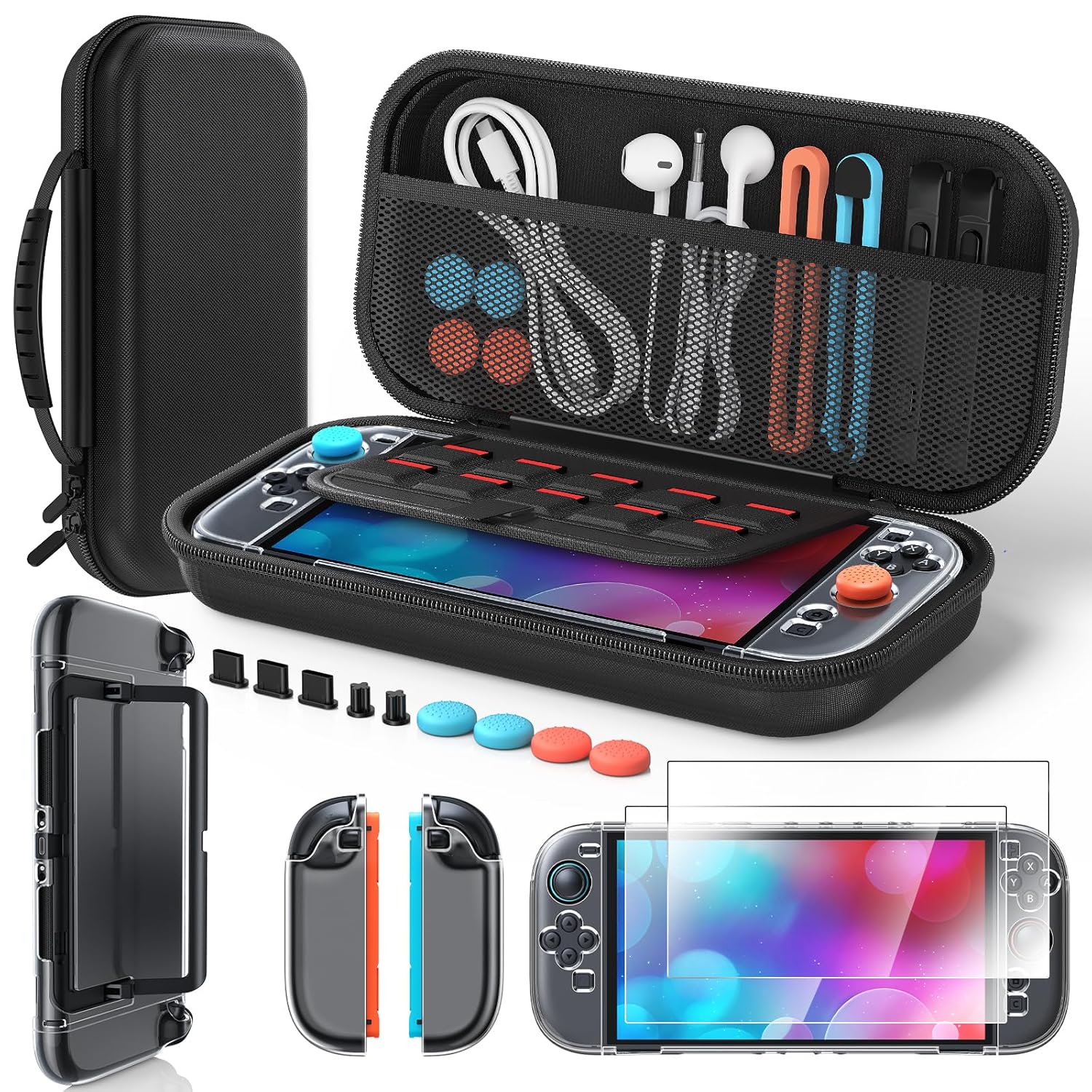 Detalle de Zubehör für Switch 2 (2025) – Slim Tragetasche mit 2 HD-Glasdisplay-Schutzfolien, Crystal Cover-Set, Staubstopfer-Kit und 4 Daumengriffe