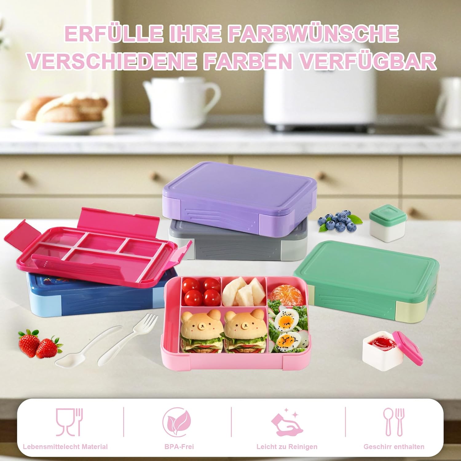 Thumbnail 3 de Swicken Brotdose Kinder mit Fächern – Auslaufsichere Lunchbox 1300 ml, BPA-frei, rosa