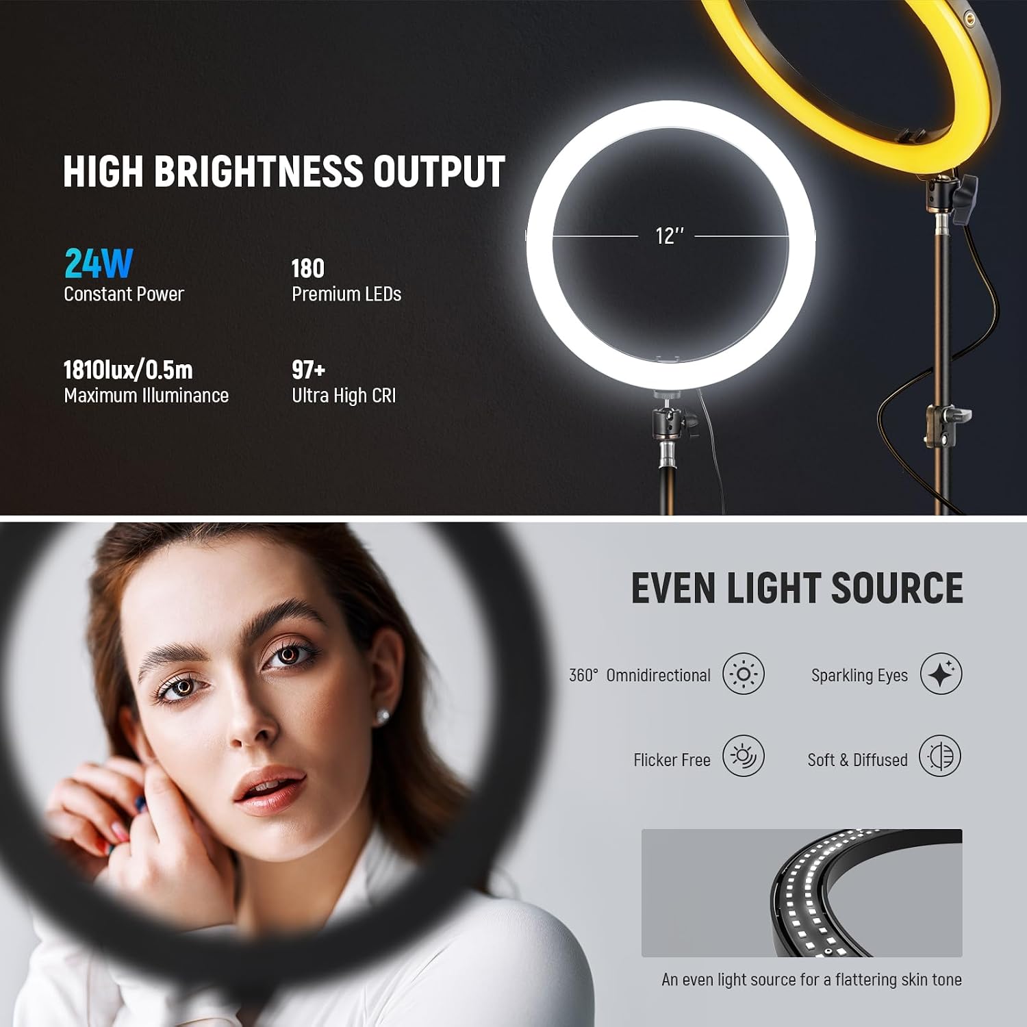 Thumbnail 1 de NEEWER RH12B 12-Inch Bi-Colour LED Ring Light Kit, 24W, 71-Inch Stand