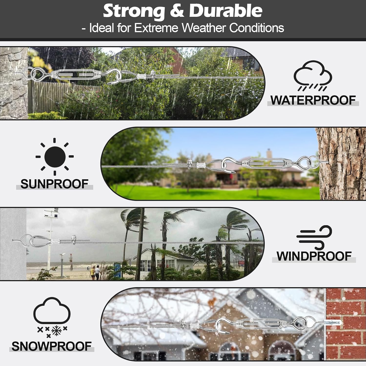 Detalle de TooTaci 2mm Wire Rope Kit (100m) with M4 turnbuckles, rope clamps and vine eyes for outdoor trellis and string lights