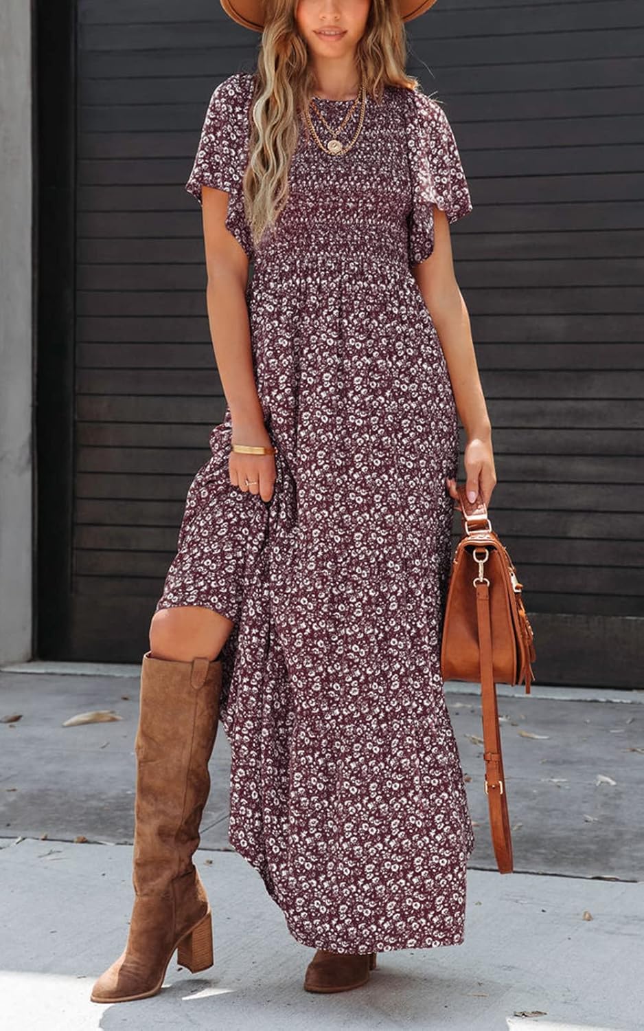 Thumbnail 1 de PRETTYGARDEN Women’s 2026 Summer Boho Floral Smocked Tiered Maxi Dress (Flutter Short Sleeves)