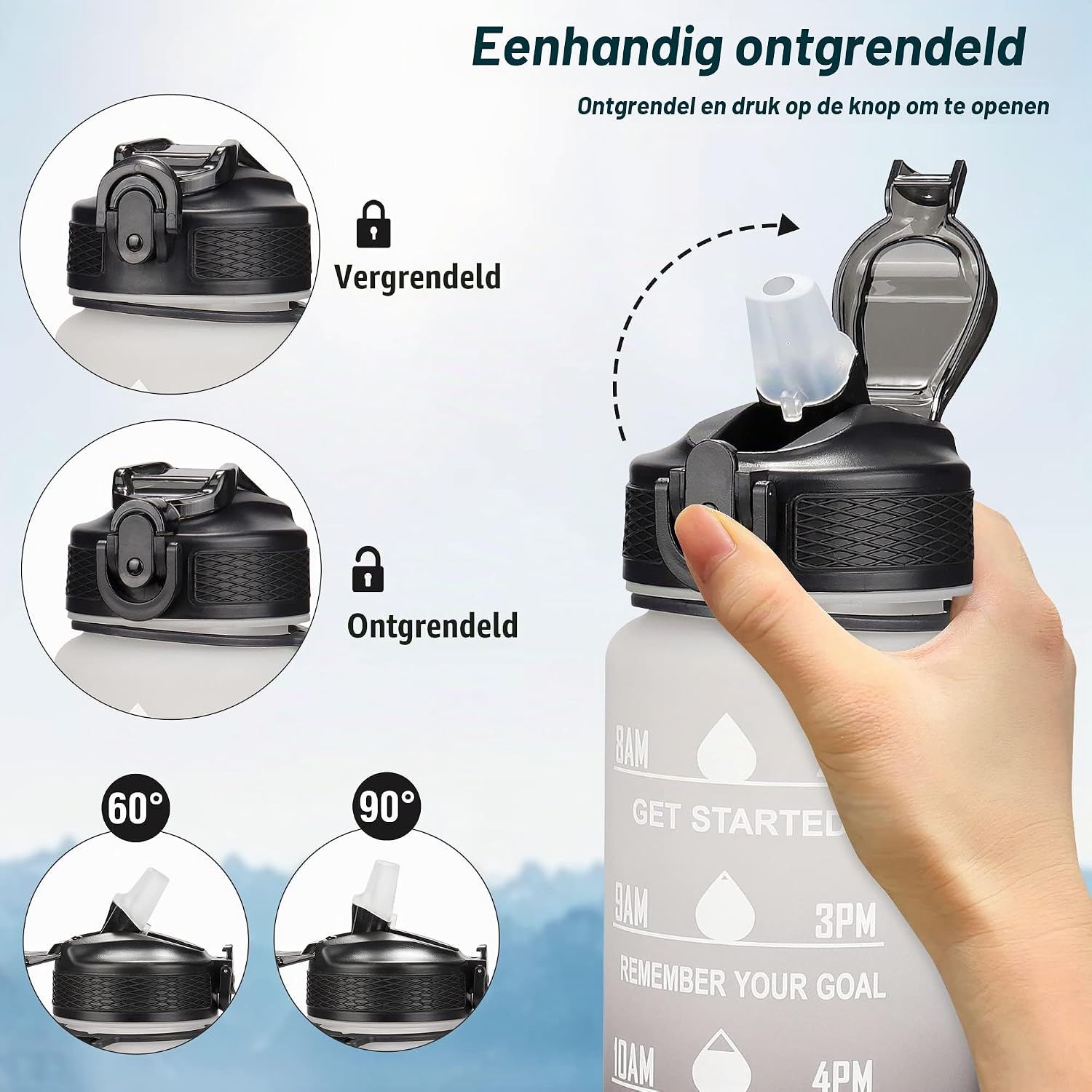 Detalle de YC Kitchen jb-1000l-HB sportfles met tijdmarkeringen, rietje en draagriem