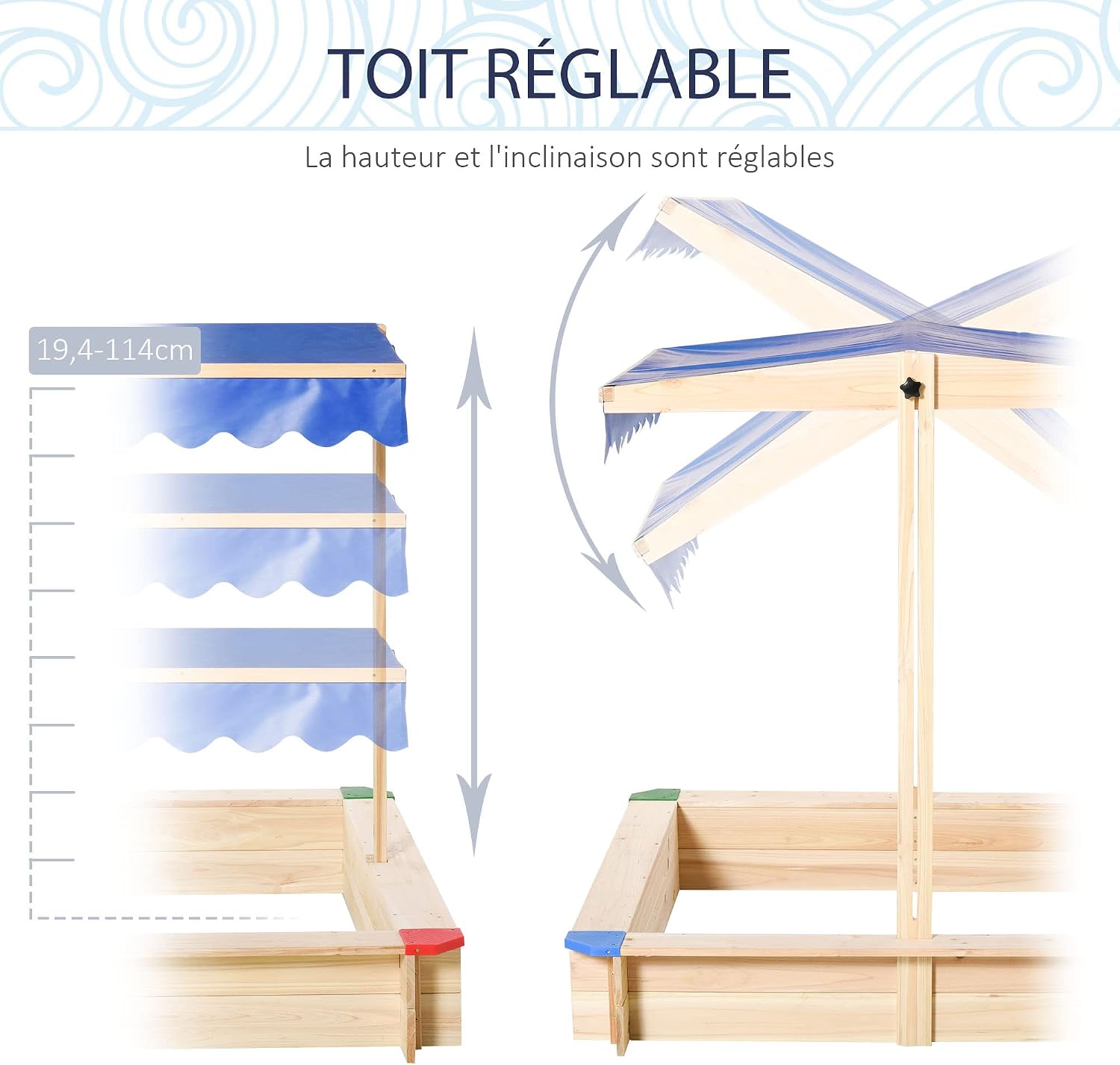Detalle de Outsunny Bac à sable en bois carré avec couvercle et toit réglable 1,2 m (1,2L x 1,2l x 1,2H)