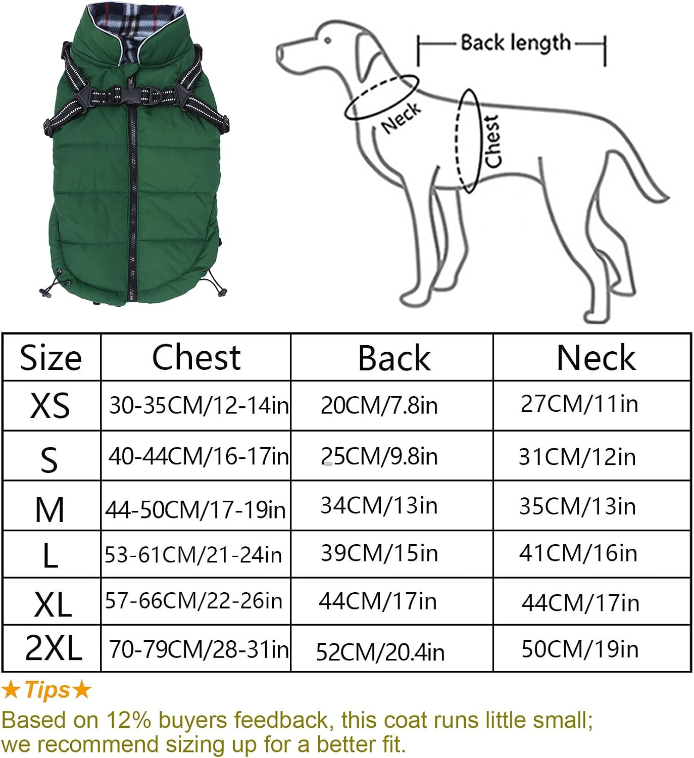 Thumbnail 5 de babepet Warm Pet Dog Coats with Harness – Waterproof Green Small Dog Jacket Coat (with Chest Strap, Zip Up) – XL