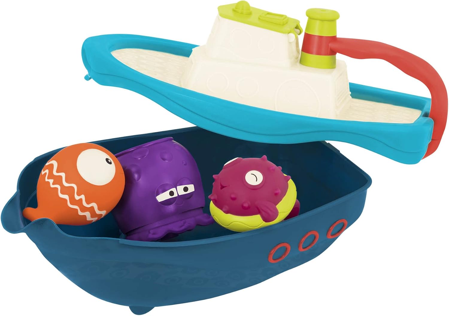 B. toys Fuori dal gancio – Playset bagno e spiaggia con barca giocattolo, tazza polpo e spruzzi di pesci (6 mesi+)