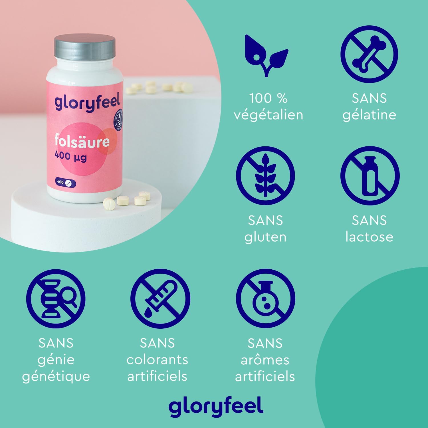 Detalle de Acide Folique Vitamine B9 400 µg – 400 comprimés (13 mois), 100% végétalien et sans additifs