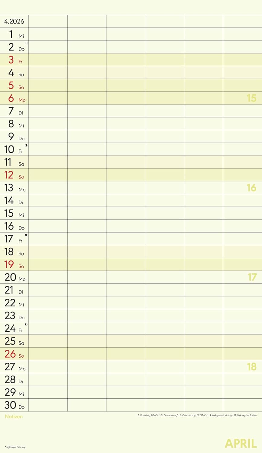 Detalle de Alpha Edition Superplaner XL 2026 mit 6 Spalten – Familienkalender 26×45 cm