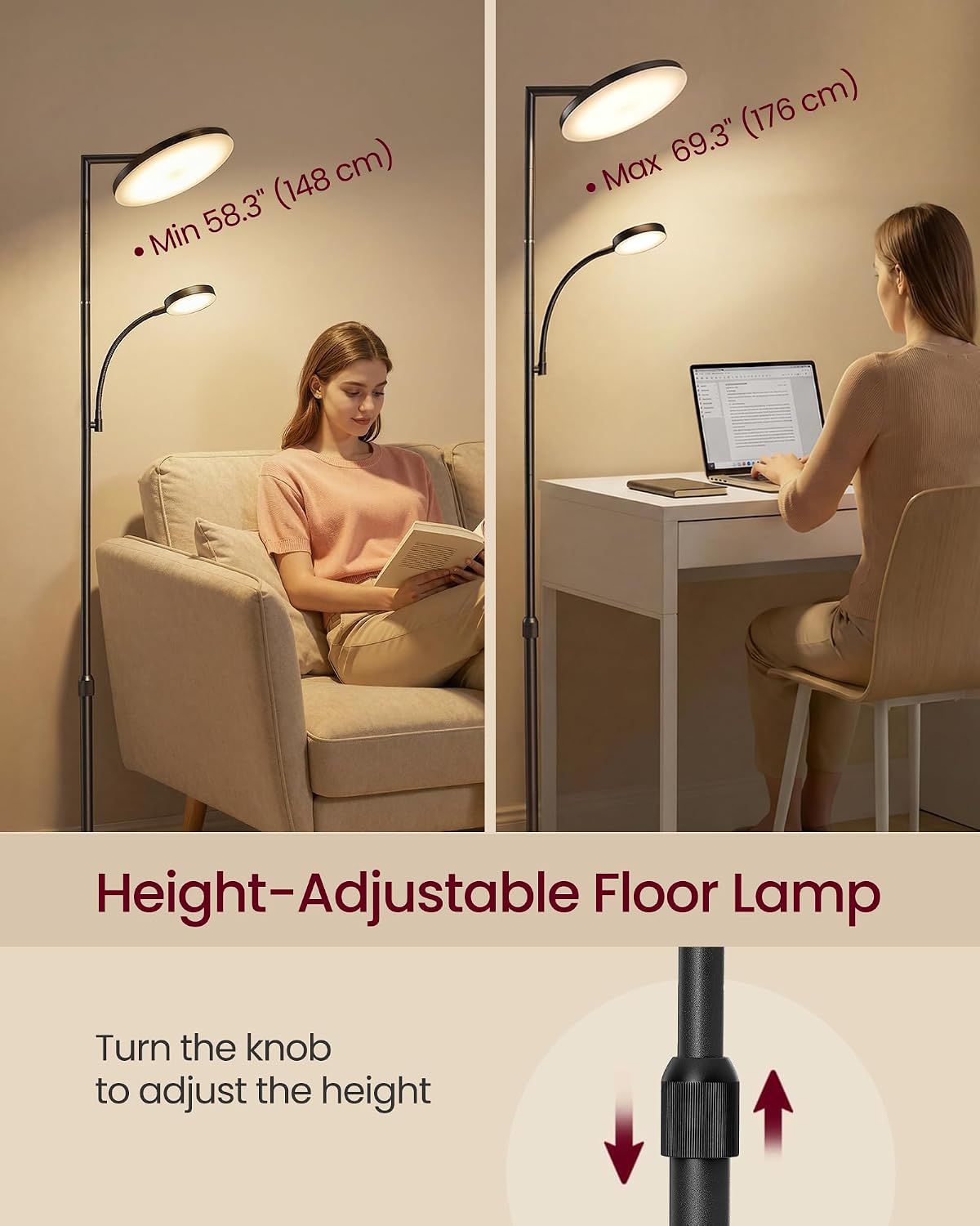 Detalle de VASAGLE LFL028BD01 Adjustable LED Floor Lamp, 42W, Matte Black