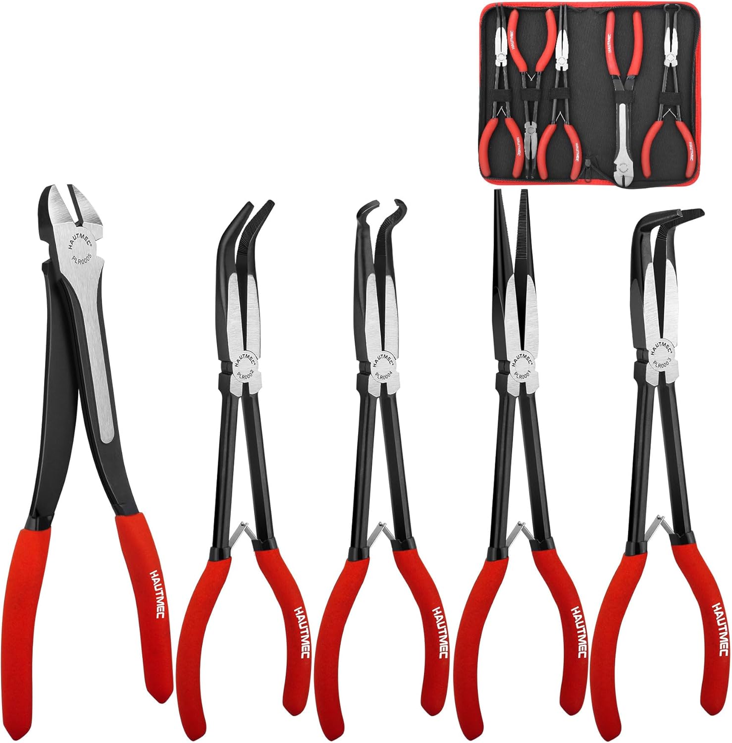 HAUTMEC 28 cm Spitzzange Lang & Spitzzange Gebogenes Set (5-tlg.) – Schwerlast-Verlängerungszangen mit Schlauchzange & Seitenschneider – Gerade, 45° & 90°