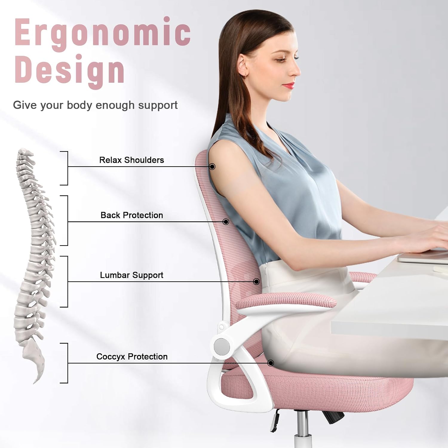 Detalle de naspaluro X24F00K226 Ergonomic Office Chair, Pink Mesh, Flip-up Arms