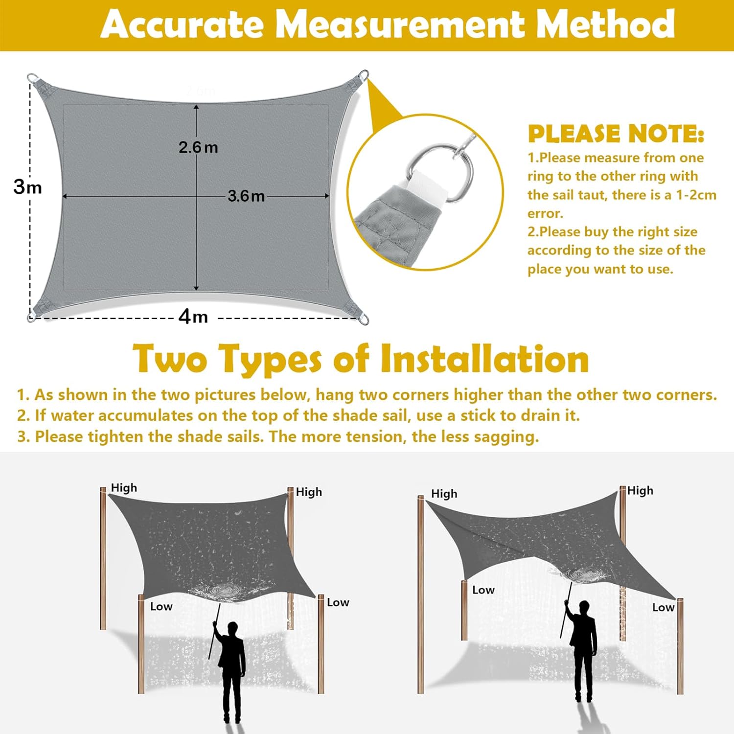 Thumbnail 5 de Mokani 3x4m Rectangle Sun Shade Sail (Waterproof) for Garden Patio Pergola Balcony