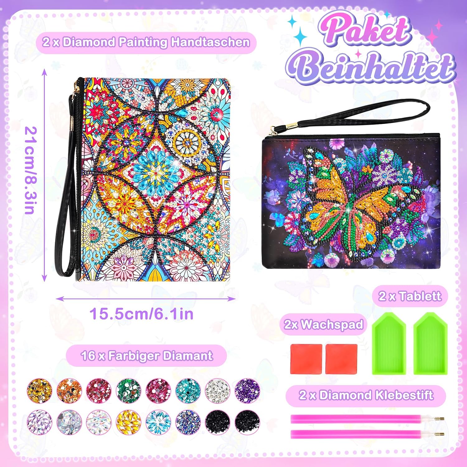 Thumbnail 6 de Flnlano Diamond Painting Bastelset für Mädchen (2 Stück) mit kleiner Kosmetiktasche – ab ca. 7–11 Jahren