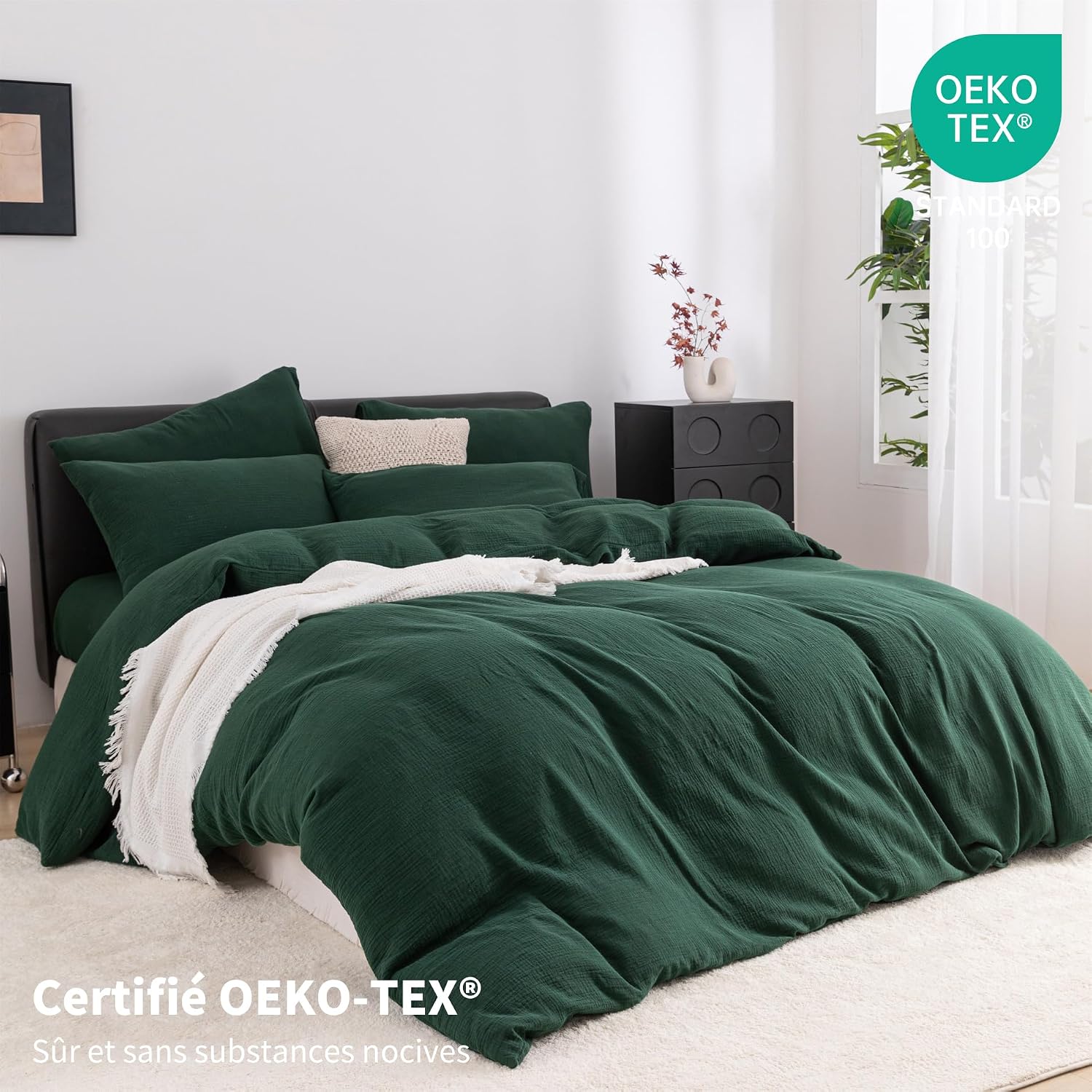 Detalle 2 de YASMENG Parure de lit double en gaze de coton 220x240 vert foncé (housse de couette + taie 65x65 cm)