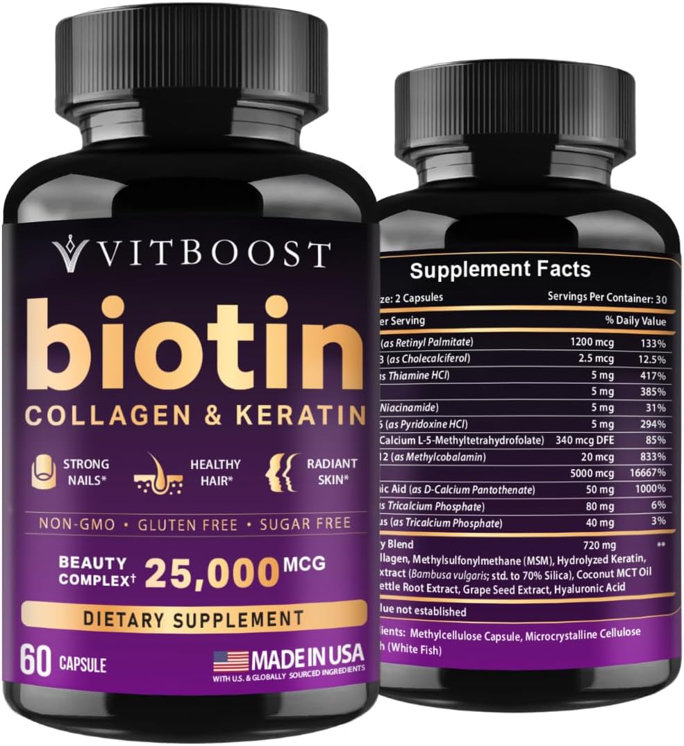 Detalle de VITBOOST Biotin Supplement with Hyaluronic Acid, Collagen & Keratin, 25,000 mcg, 60 Count