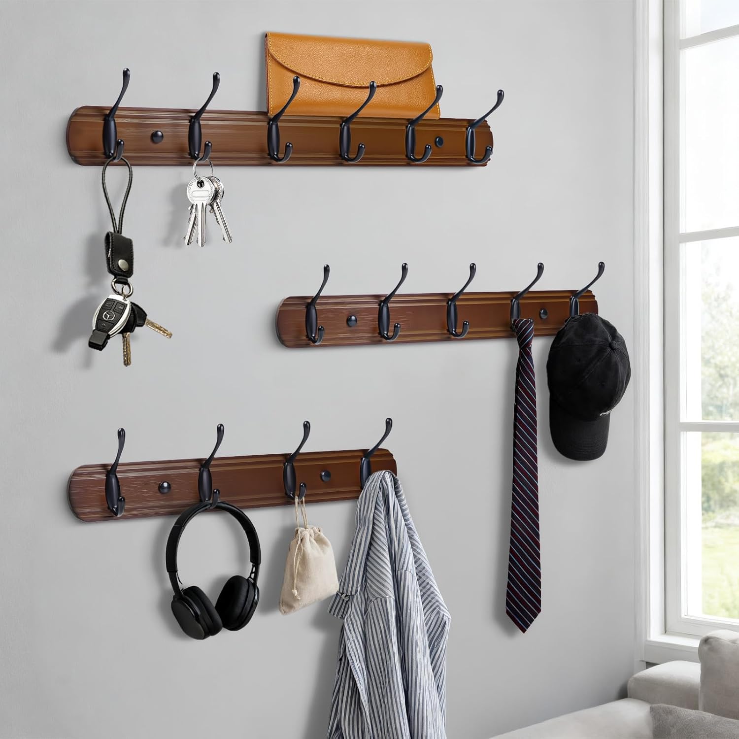 Detalle de Yundoza Coat Hooks Wall Mount – Wood Bamboo Coat Rack with 5 Metal Hooks (Brown & Black)