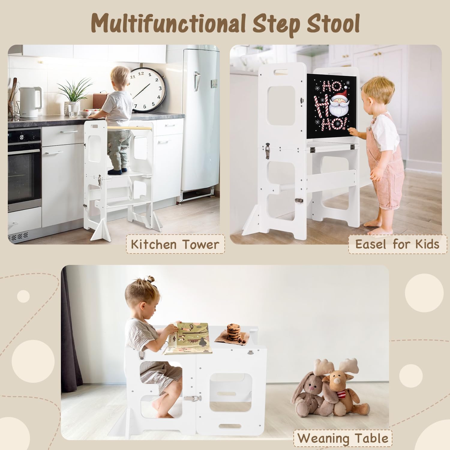 Thumbnail 1 de Toddler Standing Tower 4-in-1 Wooden Learning Tower (White) – Stool that turns into table, chair & chalkboard