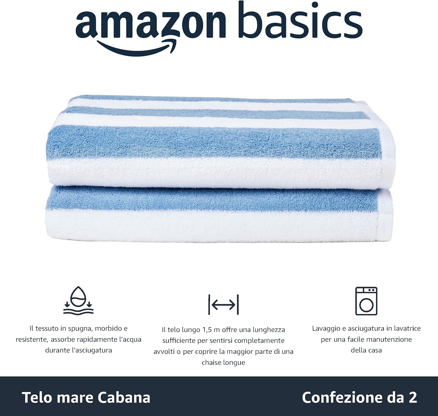 Detalle 2 de Amazon Basics Teli mare in cotone a righe, set da 2 pezzi (76 x 152 cm) Celeste