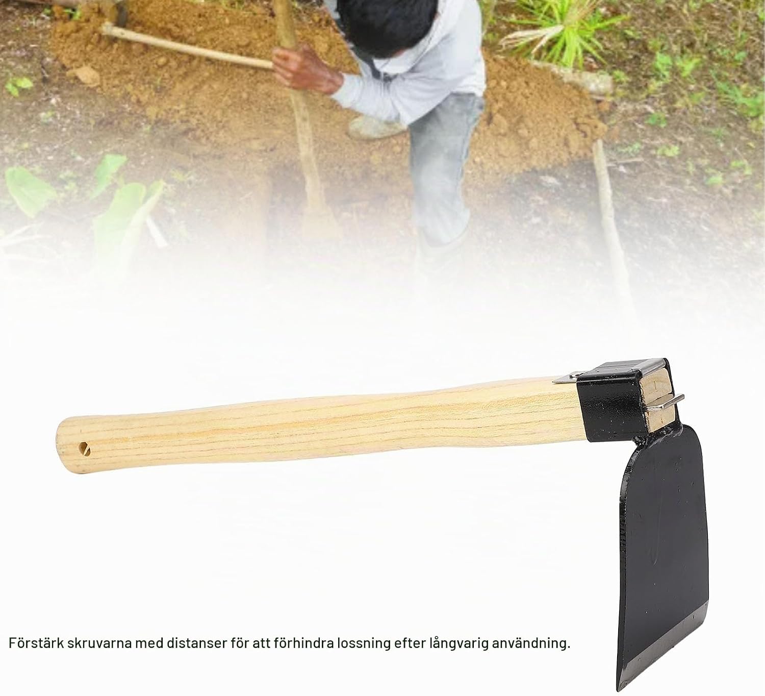Detalle 2 de Aramox D202 planteringshacka med trähandtag och blad i kolstål