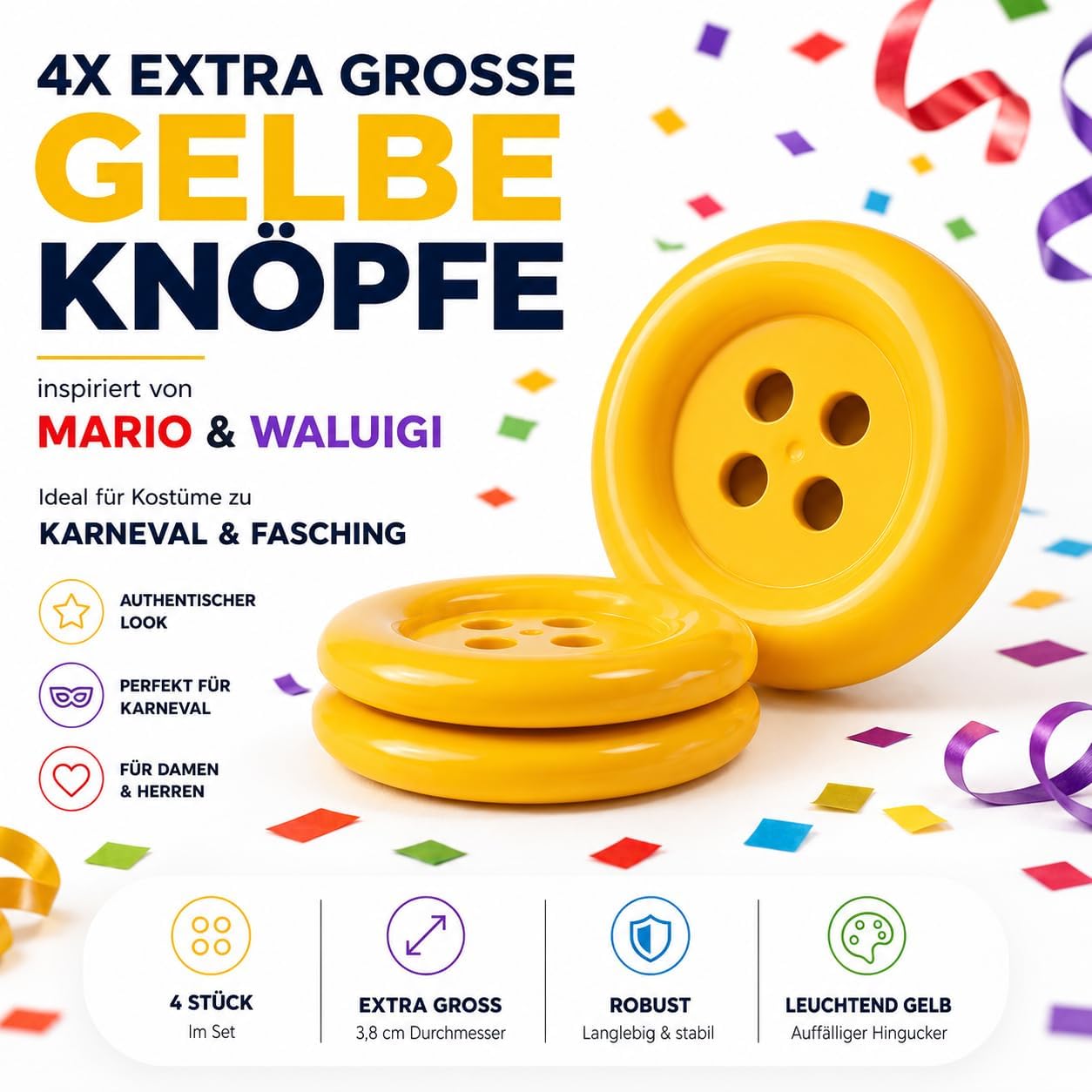 Thumbnail 6 de FASCHINFEVER extra grote gele knopen, geïnspireerd door Mario en Waluigi