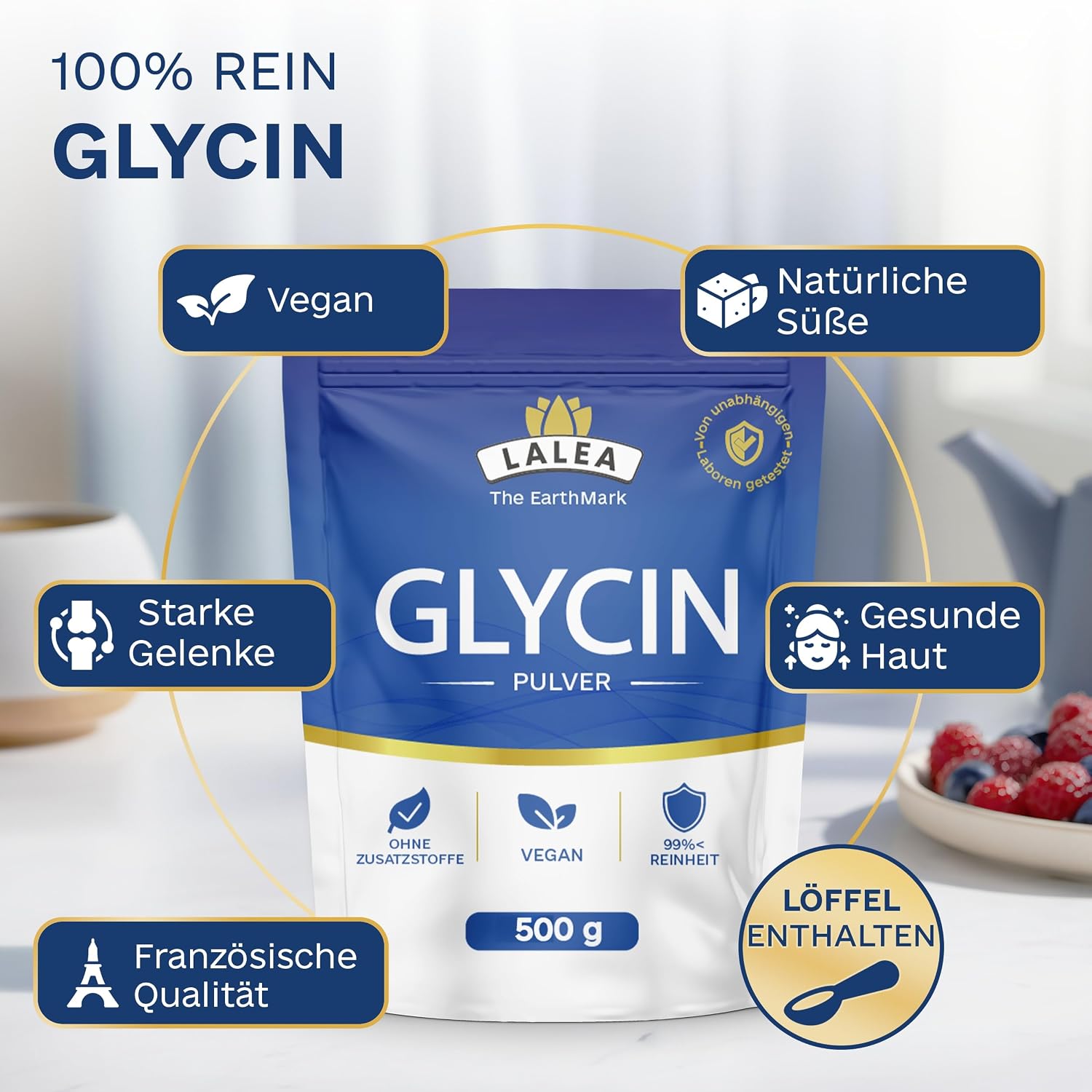 Detalle 2 de LALEA Glycin Pulver 500g – 100% reines L-Glycin, vegan, hochlöslich – Schlaf, Gelenke & Haut unterstützen