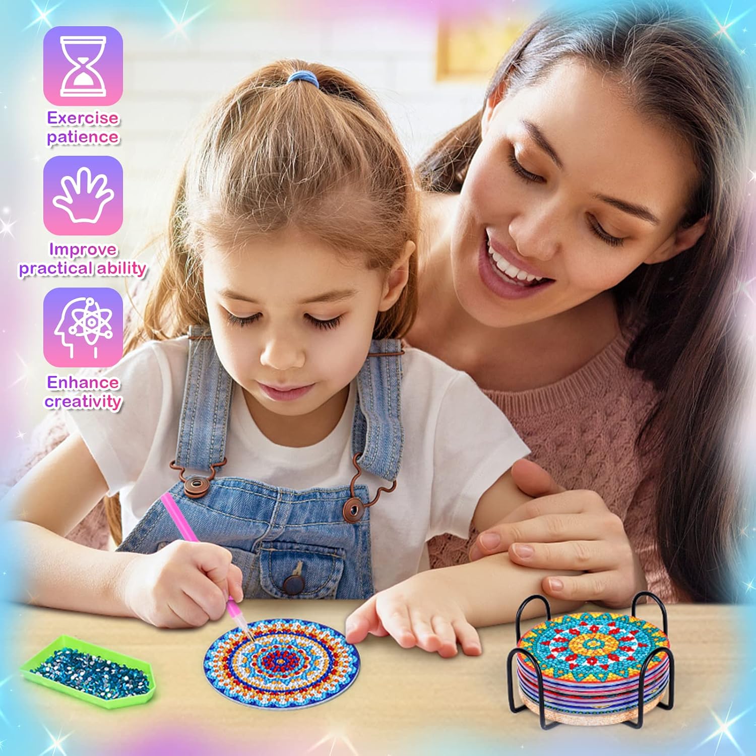 Detalle 2 de Bastelset Geschenk für Mädchen (8–12 Jahre): Diamond Painting Untersetzer mit 8 Motiven