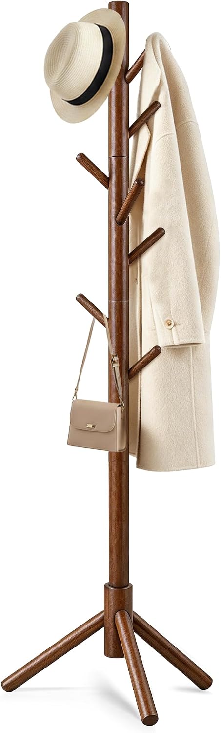 Detalle de Freyawin Rack-Brown Wooden Freestanding Coat Rack with 8 Hooks and 3 Heights